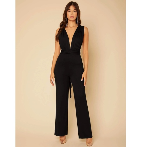 Multi Way Wrap Tie Top Black Elegant Jumpsuit Wide Long Leg Backless - Picture 9 of 16